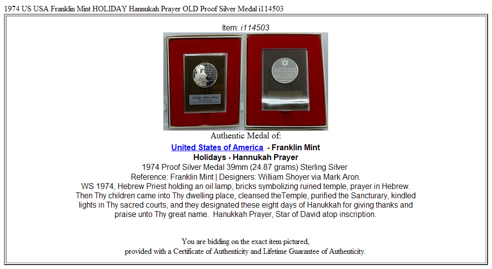 1974 US USA Franklin Mint HOLIDAY Hannukah Prayer OLD Proof Silver Medal i114503