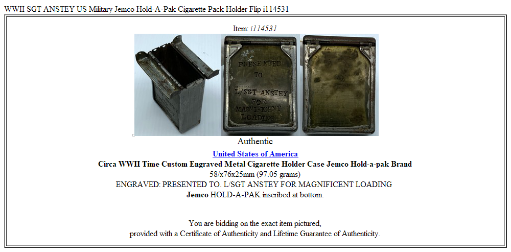 WWII SGT ANSTEY US Military Jemco Hold-A-Pak Cigarette Pack Holder Flip i114531