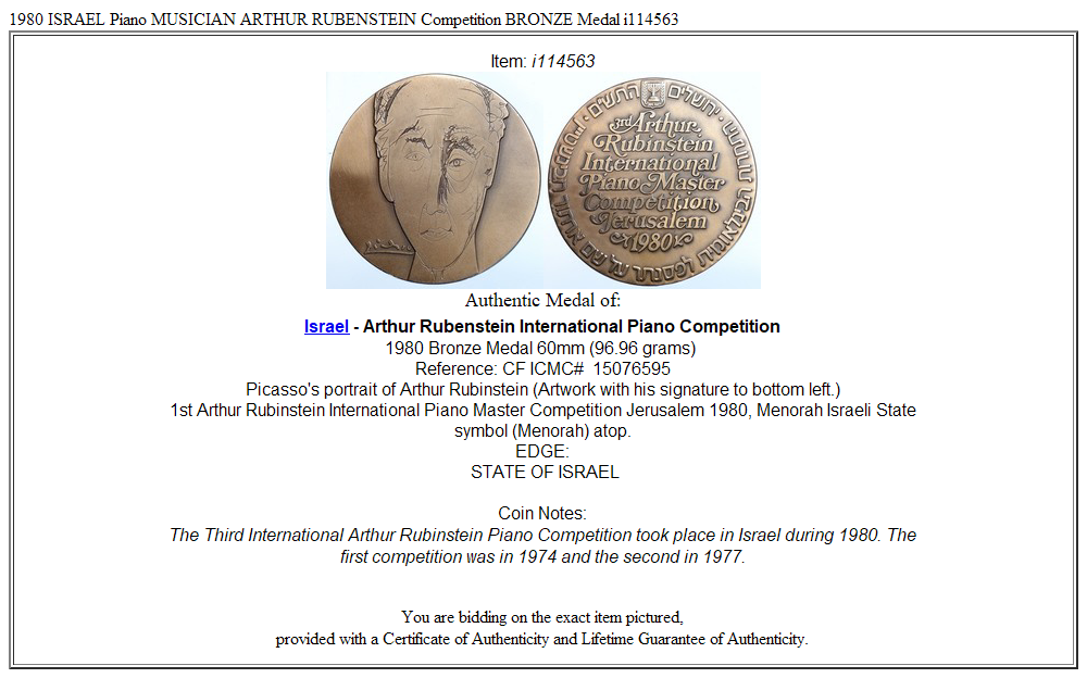 1980 ISRAEL Piano MUSICIAN ARTHUR RUBENSTEIN Competition BRONZE Medal i114563