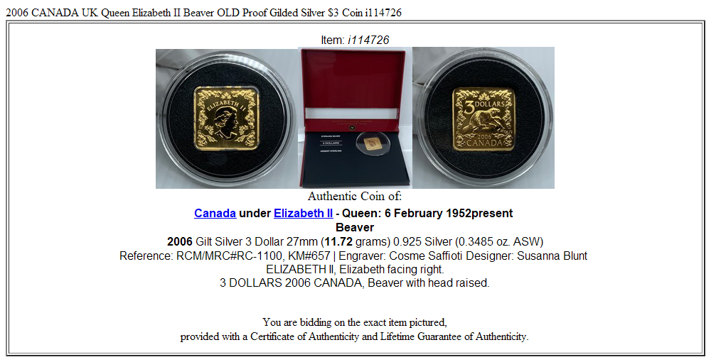 2006 CANADA UK Queen Elizabeth II Beaver OLD Proof Gilded Silver $3 Coin i114726