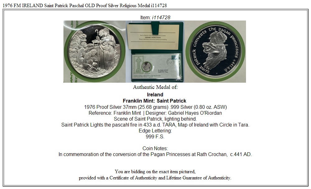 1976 FM IRELAND Saint Patrick Paschal OLD Proof Silver Religious Medal i114728