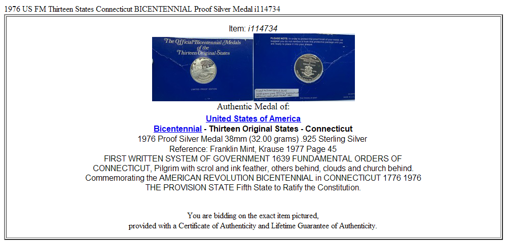 1976 US FM Thirteen States Connecticut BICENTENNIAL Proof Silver Medal i114734