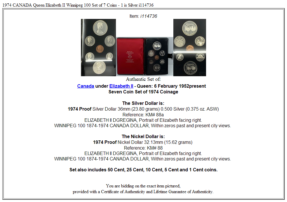 1974 CANADA Queen Elizabeth II Winnipeg 100 Set of 7 Coins - 1 is Silver i114736