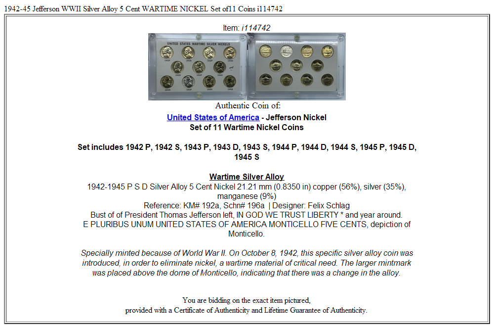 1942-45 Jefferson WWII Silver Alloy 5 Cent WARTIME NICKEL Set of11 Coins i114742