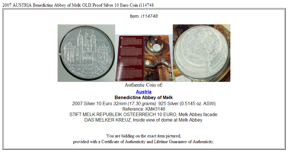 2007 AUSTRIA Benedictine Abbey of Melk OLD Proof Silver 10 Euro Coin i114748