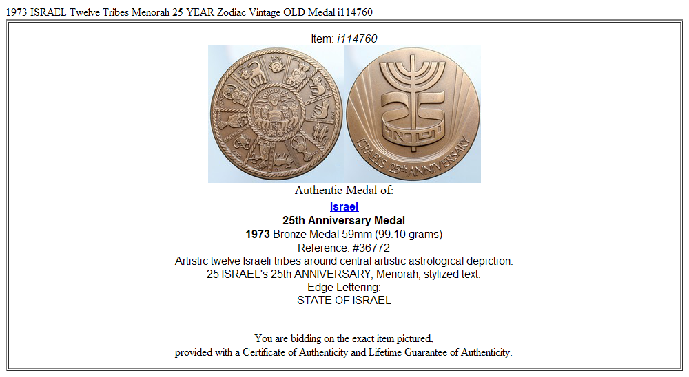 1973 ISRAEL Twelve Tribes Menorah 25 YEAR Zodiac Vintage OLD Medal i114760