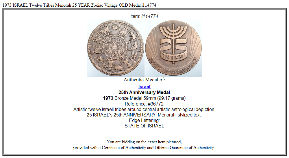 1973 ISRAEL Twelve Tribes Menorah 25 YEAR Zodiac Vintage OLD Medal i114774