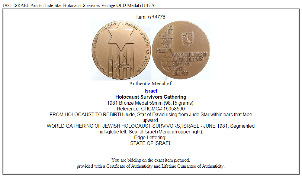 1981 ISRAEL Artistic Jude Star Holocaust Survivors Vintage OLD Medal i114776