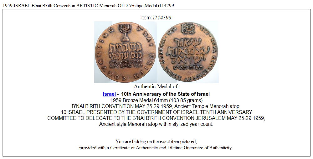 1959 ISRAEL B'nai B'rith Convention ARTISTIC Menorah OLD Vintage Medal i114799