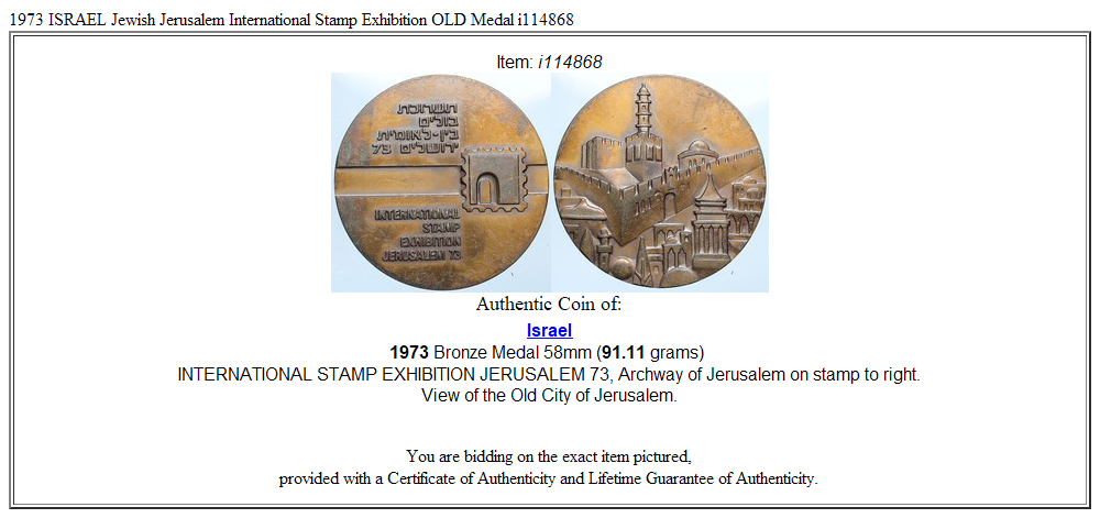 1973 ISRAEL Jewish Jerusalem International Stamp Exhibition OLD Medal i114868