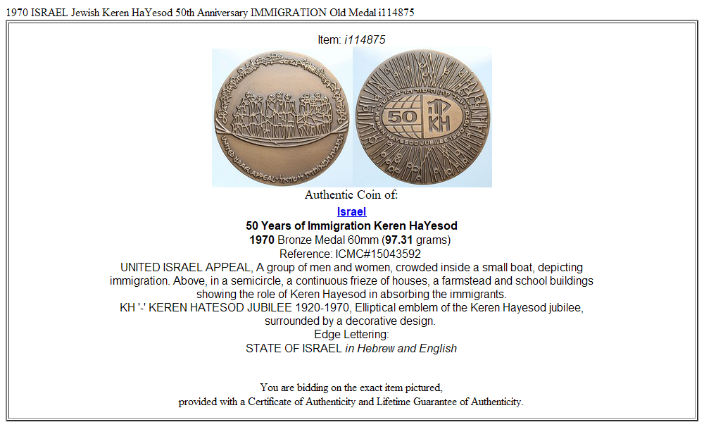 1970 ISRAEL Jewish Keren HaYesod 50th Anniversary IMMIGRATION Old Medal i114875