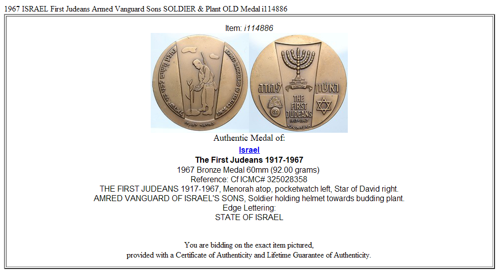 1967 ISRAEL First Judeans Armed Vanguard Sons SOLDIER & Plant OLD Medal i114886