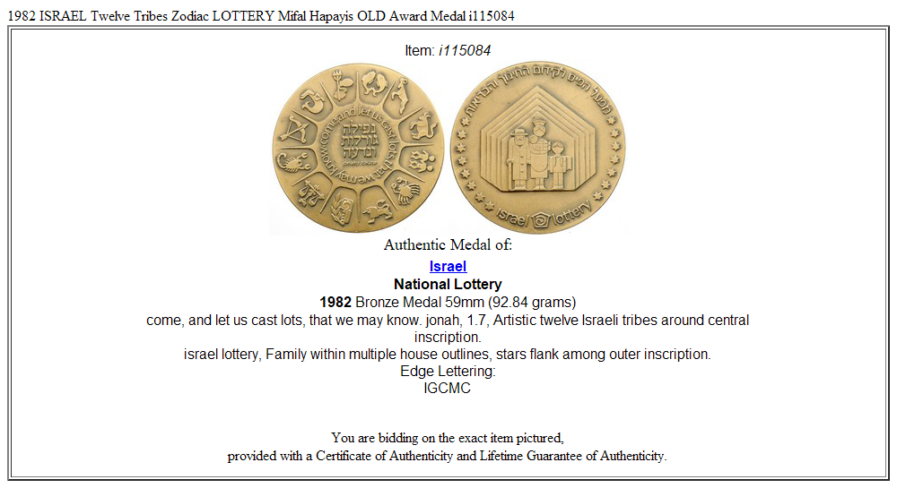 1982 ISRAEL Twelve Tribes Zodiac LOTTERY Mifal Hapayis OLD Award Medal i115084