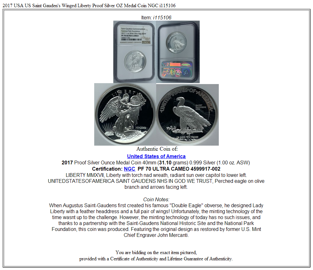 2017 USA US Saint Gauden's Winged Liberty Proof Silver OZ Medal Coin NGC i115106