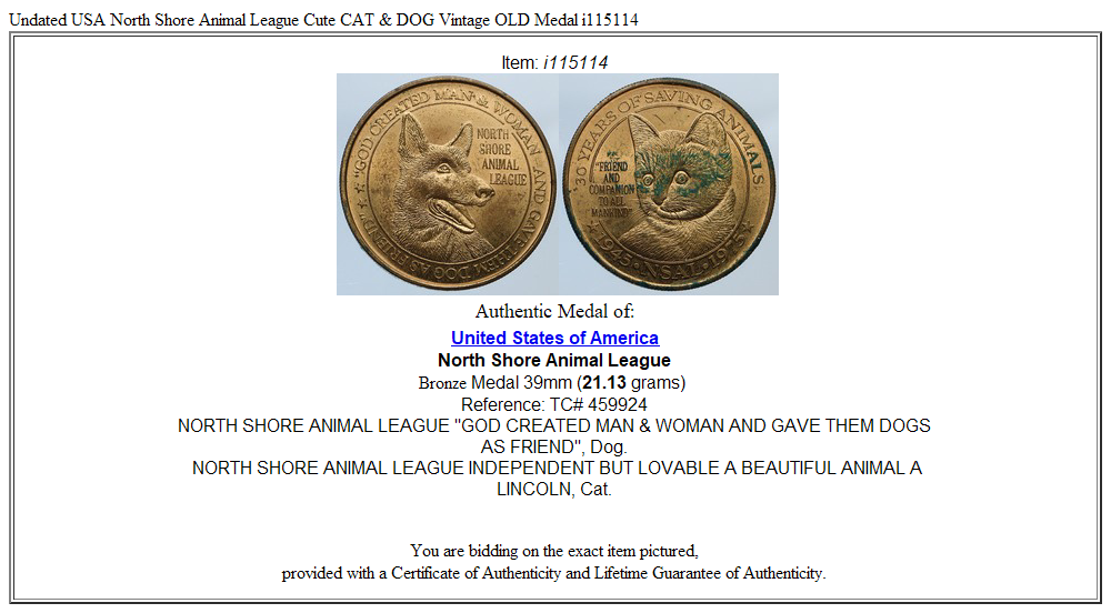 Undated USA North Shore Animal League Cute CAT & DOG Vintage OLD Medal i115114