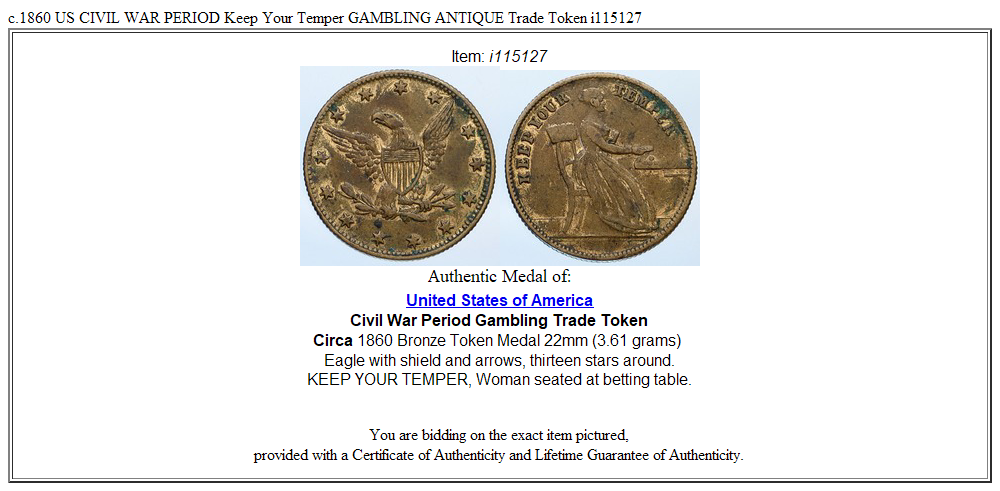 c.1860 US CIVIL WAR PERIOD Keep Your Temper GAMBLING ANTIQUE Trade Token i115127