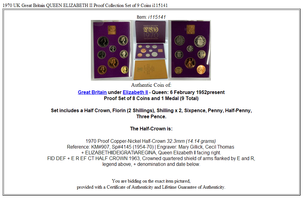 1970 UK Great Britain QUEEN ELIZABETH II Proof Collection Set of 9 Coins i115141