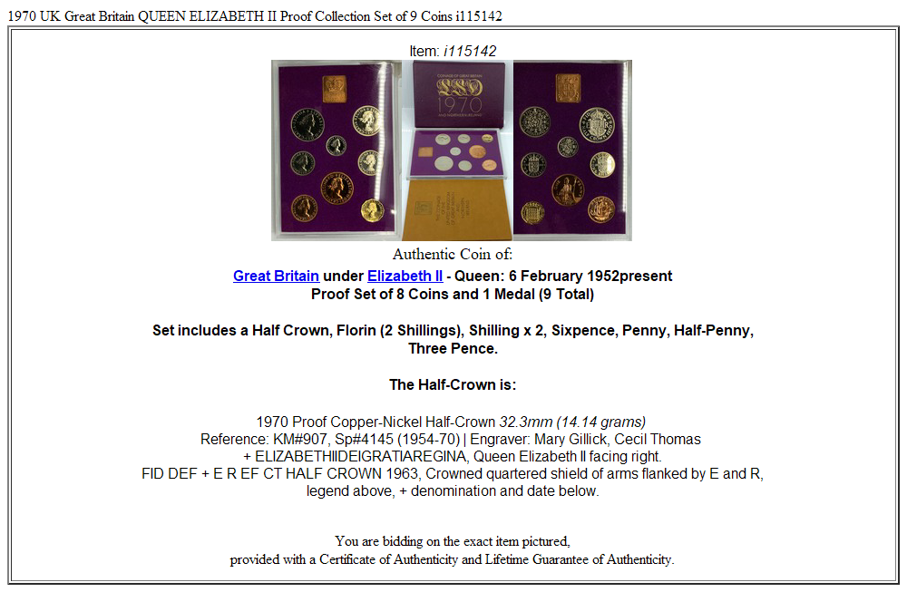 1970 UK Great Britain QUEEN ELIZABETH II Proof Collection Set of 9 Coins i115142