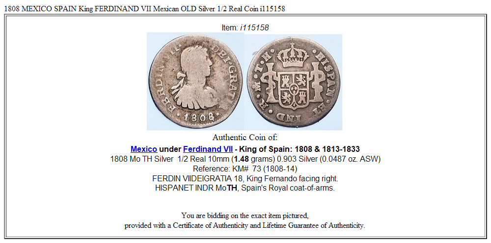 1808 MEXICO SPAIN King FERDINAND VII Mexican OLD Silver 1/2 Real Coin i115158