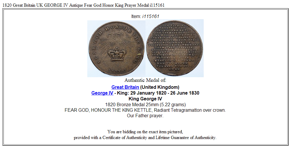 1820 Great Britain UK GEORGE IV Antique Fear God Honor King Prayer Medal i115161