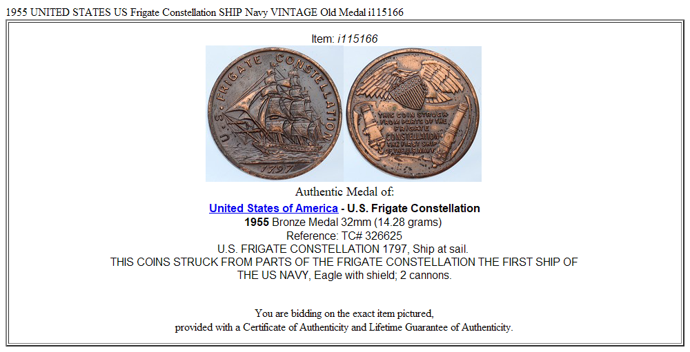 1955 UNITED STATES US Frigate Constellation SHIP Navy VINTAGE Old Medal i115166