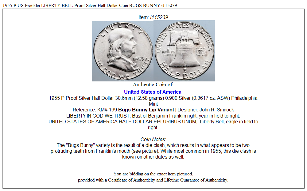 1955 P US Franklin LIBERTY BELL Proof Silver Half Dollar Coin BUGS BUNNY i115239