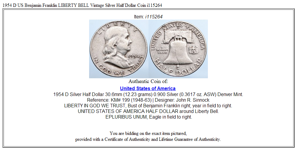 1954 D US Benjamin Franklin LIBERTY BELL Vintage Silver Half Dollar Coin i115264