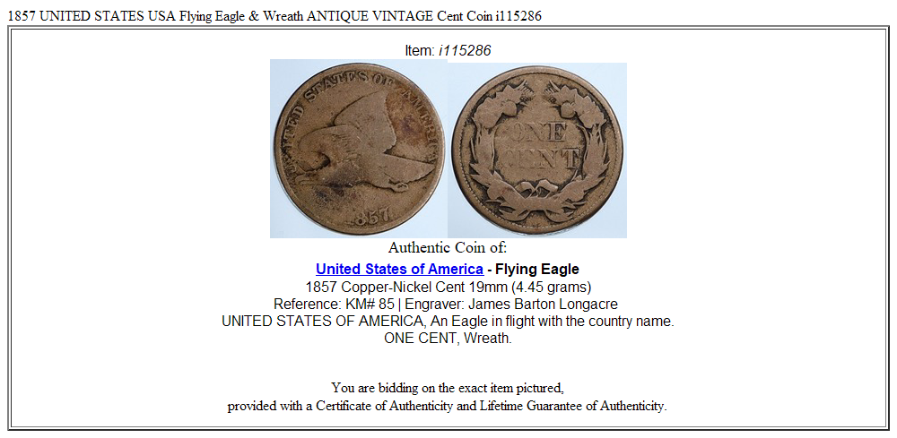 1857 UNITED STATES USA Flying Eagle & Wreath ANTIQUE VINTAGE Cent Coin i115286