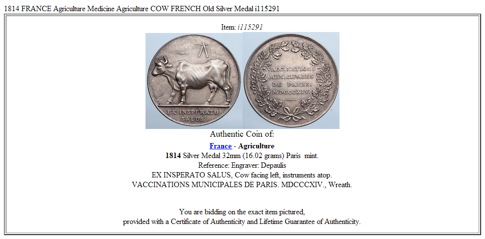 1814 FRANCE Agriculture Medicine Agriculture COW FRENCH Old Silver Medal i115291