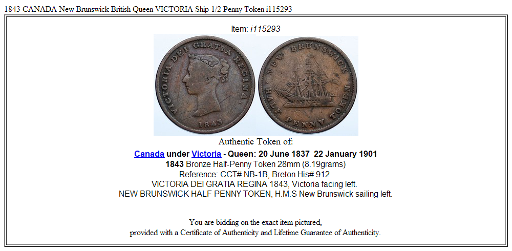 1843 CANADA New Brunswick British Queen VICTORIA Ship 1/2 Penny Token i115293