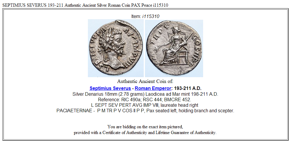 SEPTIMIUS SEVERUS 193-211 Authentic Ancient Silver Roman Coin PAX Peace i115310