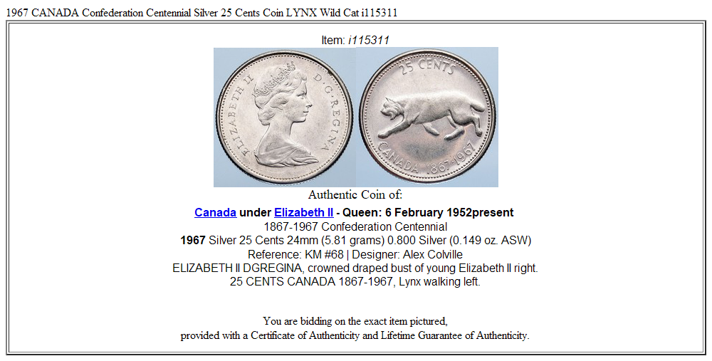 1967 CANADA Confederation Centennial Silver 25 Cents Coin LYNX Wild Cat i115311