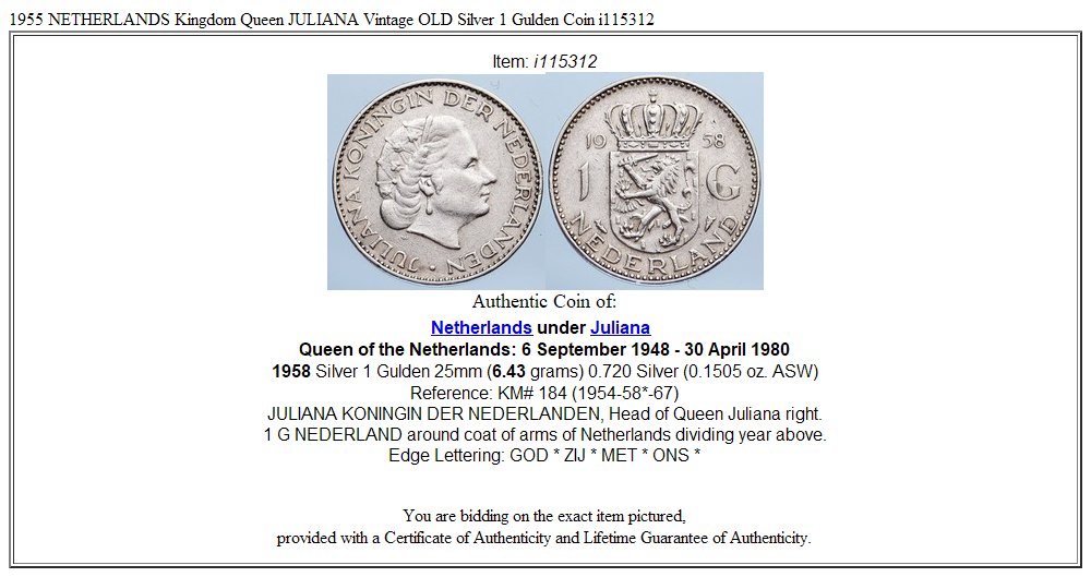 1955 NETHERLANDS Kingdom Queen JULIANA Vintage OLD Silver 1 Gulden Coin i115312