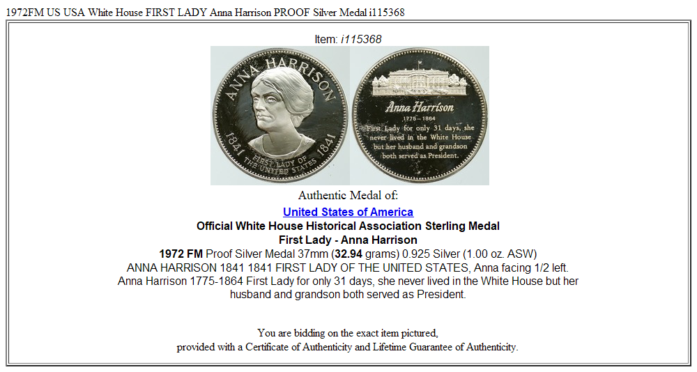 1972FM US USA White House FIRST LADY Anna Harrison PROOF Silver Medal i115368