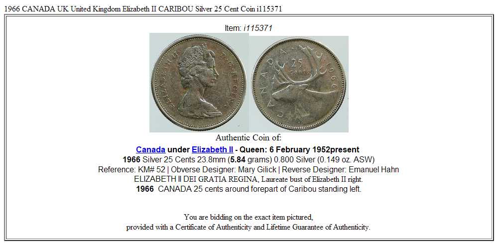 1966 CANADA UK United Kingdom Elizabeth II CARIBOU Silver 25 Cent Coin i115371