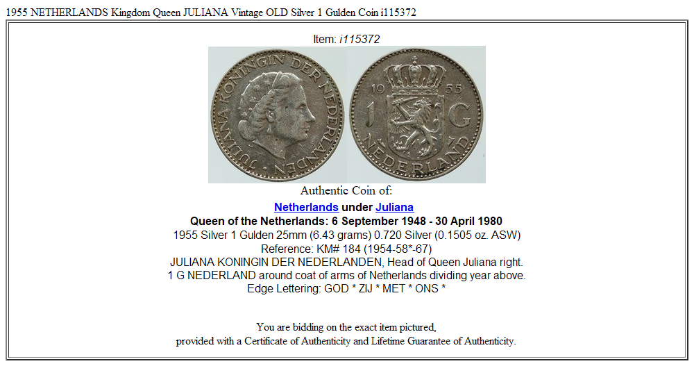 1955 NETHERLANDS Kingdom Queen JULIANA Vintage OLD Silver 1 Gulden Coin i115372