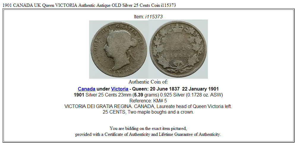 1901 CANADA UK Queen VICTORIA Authentic Antique OLD Silver 25 Cents Coin i115373