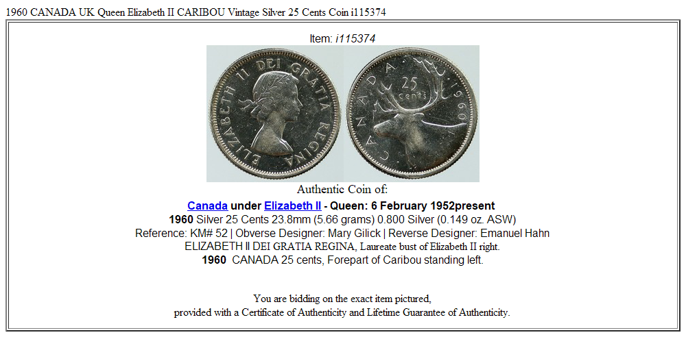 1960 CANADA UK Queen Elizabeth II CARIBOU Vintage Silver 25 Cents Coin i115374