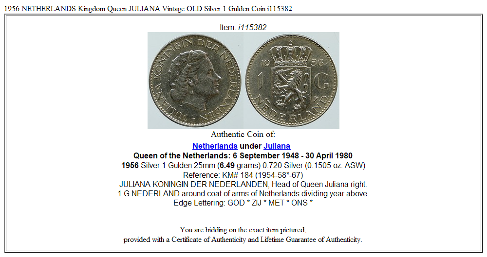 1956 NETHERLANDS Kingdom Queen JULIANA Vintage OLD Silver 1 Gulden Coin i115382