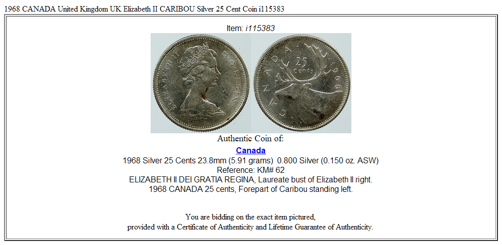 1968 CANADA United Kingdom UK Elizabeth II CARIBOU Silver 25 Cent Coin i115383