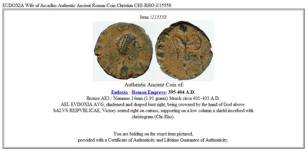 EUDOXIA Wife of Arcadius Authentic Ancient Roman Coin Christian CHI-RHO i115558