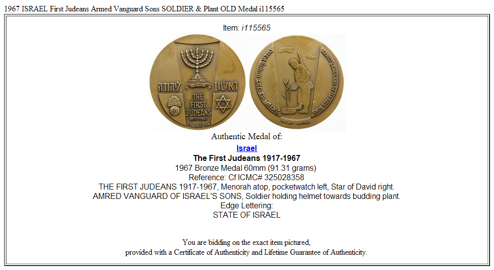 1967 ISRAEL First Judeans Armed Vanguard Sons SOLDIER & Plant OLD Medal i115565