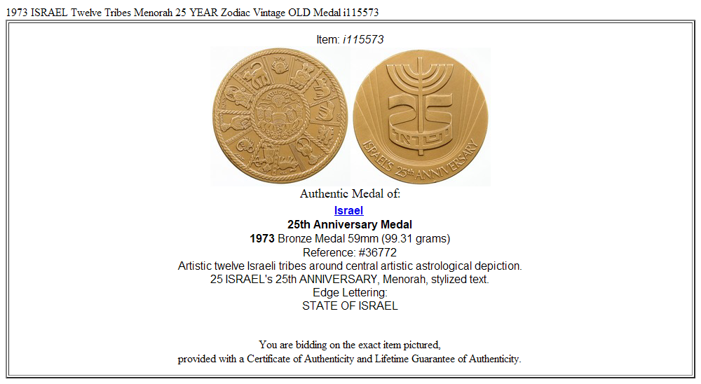 1973 ISRAEL Twelve Tribes Menorah 25 YEAR Zodiac Vintage OLD Medal i115573