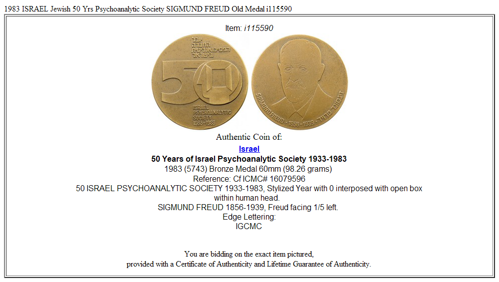 1983 ISRAEL Jewish 50 Yrs Psychoanalytic Society SIGMUND FREUD Old Medal i115590