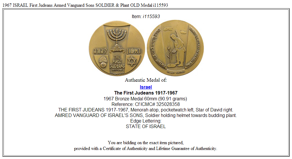 1967 ISRAEL First Judeans Armed Vanguard Sons SOLDIER & Plant OLD Medal i115593