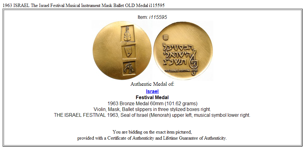 1963 ISRAEL The Israel Festival Musical Instrument Mask Ballet OLD Medal i115595