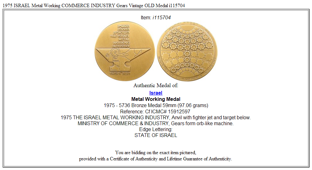 1975 ISRAEL Metal Working COMMERCE INDUSTRY Gears Vintage OLD Medal i115704