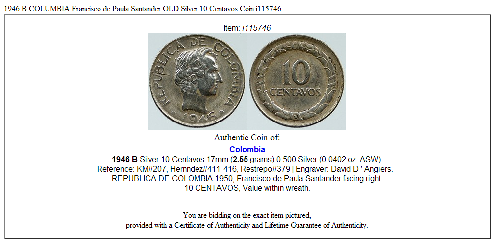 1946 B COLUMBIA Francisco de Paula Santander OLD Silver 10 Centavos Coin i115746