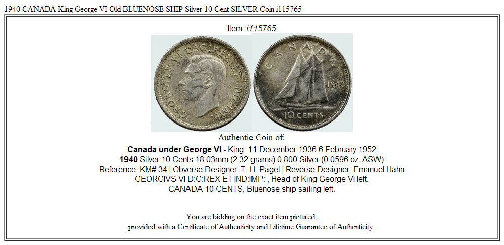 1940 CANADA King George VI Old BLUENOSE SHIP Silver 10 Cent SILVER Coin i115765