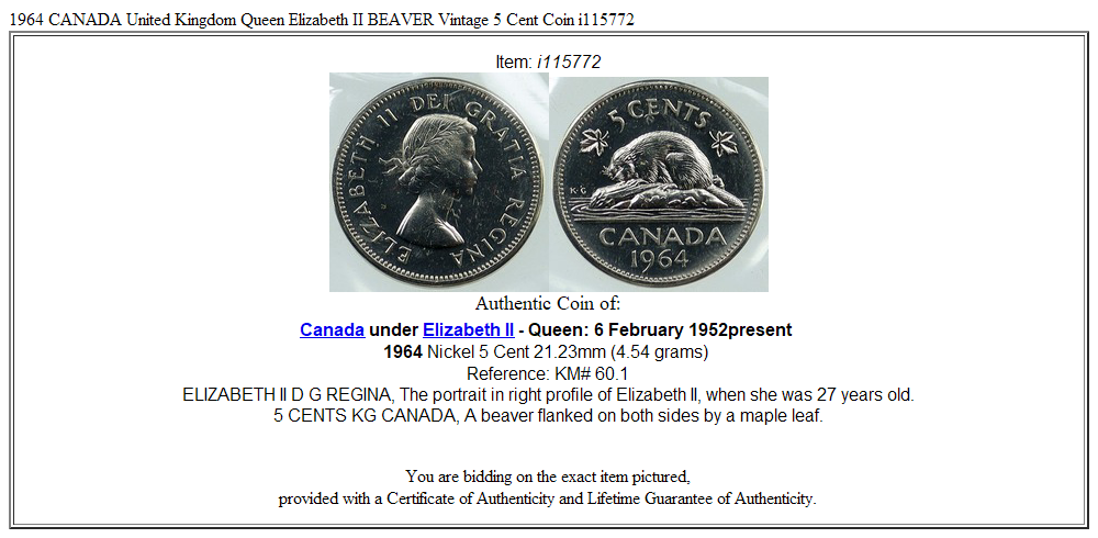 1964 CANADA United Kingdom Queen Elizabeth II BEAVER Vintage 5 Cent Coin i115772